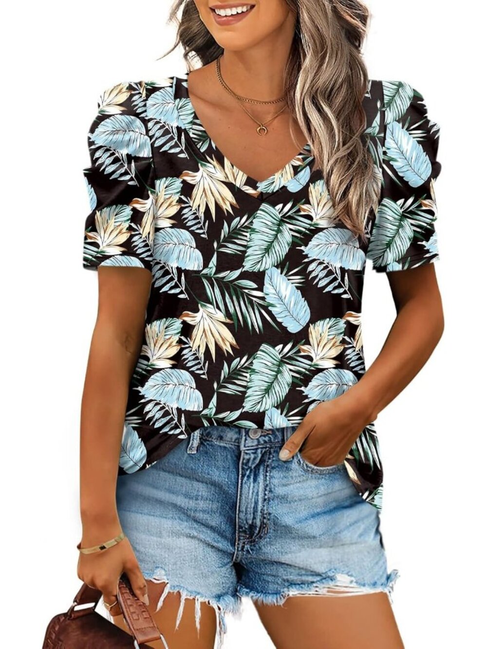 Women's Black Leaves Polyester Blend Puff Sleeve V Neck Pull On Henley Shirts